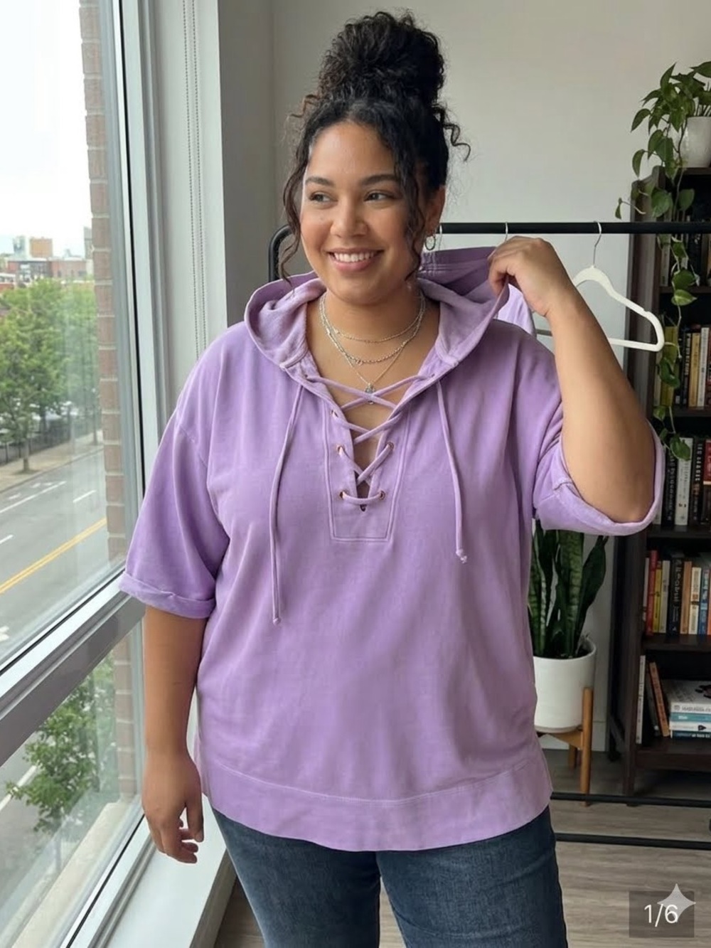 Green Tea Plus Size Violet Purple Lace-Up Hoodie Top 3/4 Sleeve